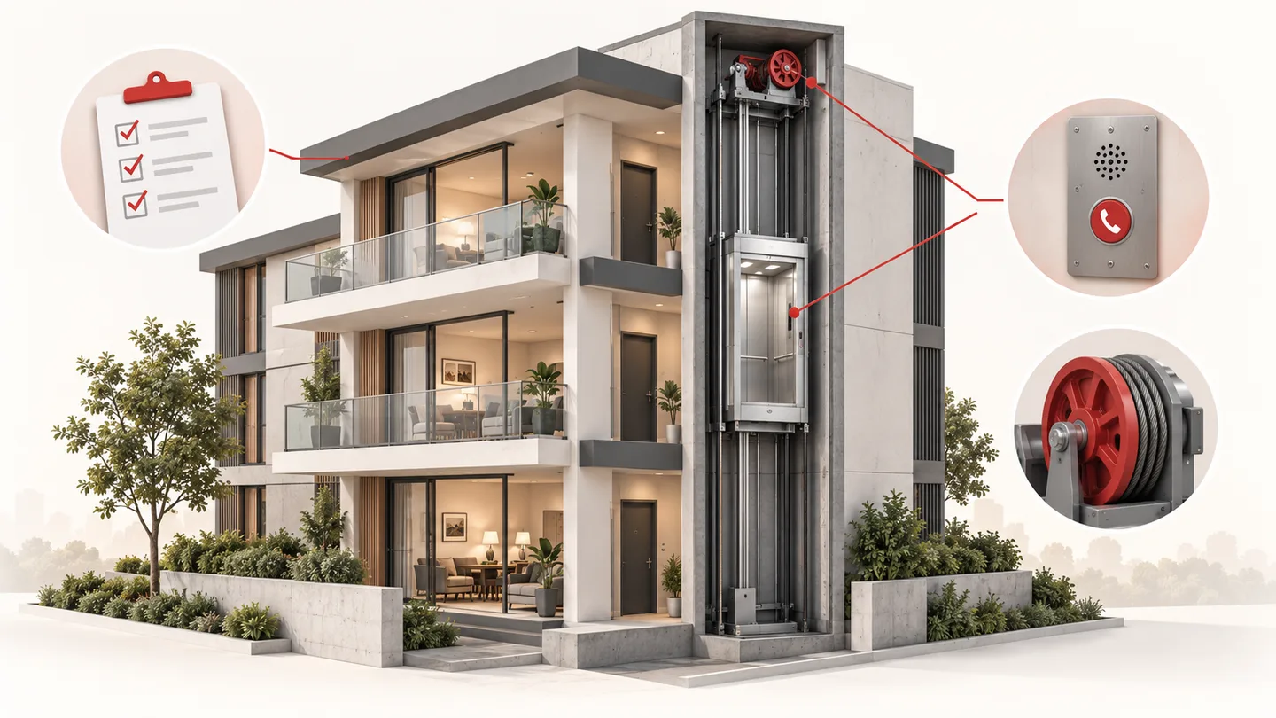 Illustrated apartment building cutaway with a lift, maintenance checklist and emergency phone