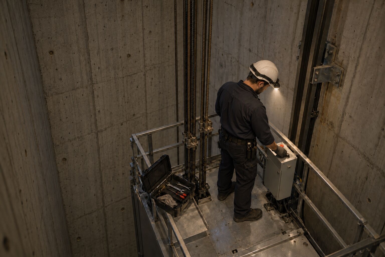 A lift technician in a white hard hat and headlamp stands on the roof of a lift car inside a concrete shaft, working at the inspection control box, with an open tool case beside him